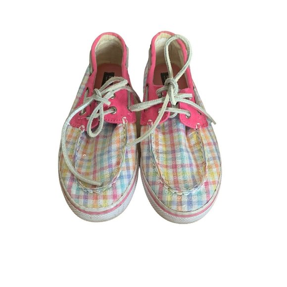 Sperry Bahamas Top Sider Pink Plaid Print Sequins Loafers Size 4 - Picture 2 of 7